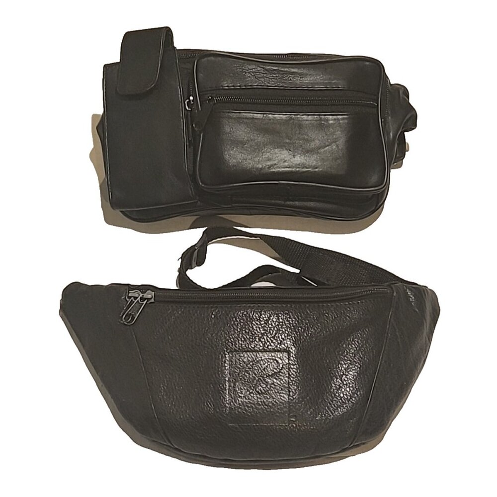 2 Vintage BALLY + KGN Black leather fanny pack belt bag adjustable crossbody